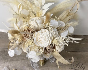 Wedding Bouquet, Bridal Bouquet, Bridesmaid Bouquet, Sola Flower, Wedding Flower, Wooden Flower, Ivory, Cream, Rustic, Boho, Lily of Angeles