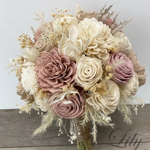 Wedding Bouquet, Bridal Bouquet, Sola Flower, Wedding Flower, Wooden Flower, Dusty Pink Mauve, Champagne, Rustic, Boho, Lily of Angeles