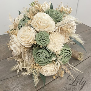 Wedding Bouquet, Bridal Bouquet, Sola Flower, Wedding Flower, Wooden Flower, Green, Sage, Eucalyptus, Corsage, Rustic, Boho, Lily of Angeles zdjęcie 1