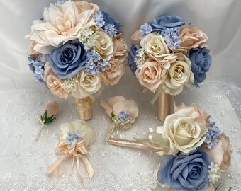 Blue Wedding Flowers Bridal Bouquet Royal Wedding Bouquet Peach Silk Flower Bouquet Lily of Angeles Bridesmaid Bouquet 17 Pcs Navy