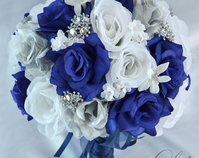 Blue Wedding Flowers Bridal Bouquet Royal Wedding Bouquet Peach Silk Flower Bouquet Lily of Angeles Bridesmaid Bouquet 17 Pcs Navy
