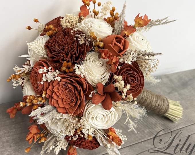 Wedding Bouquet, Bridal Bouquet, Sola Flower, Wedding Flower, Wooden Flower, Rust Burnt Orange, Verona Sunset, Rustic, Boho, Lily of Angeles