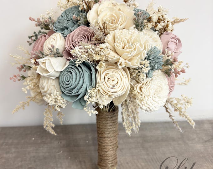 Wedding Bouquet Bridal Bouquet Sola Flower Wedding Flower Wooden Flower Eucalyptus Agave Dusty Pink Corsage Rustic Lily of Angeles
