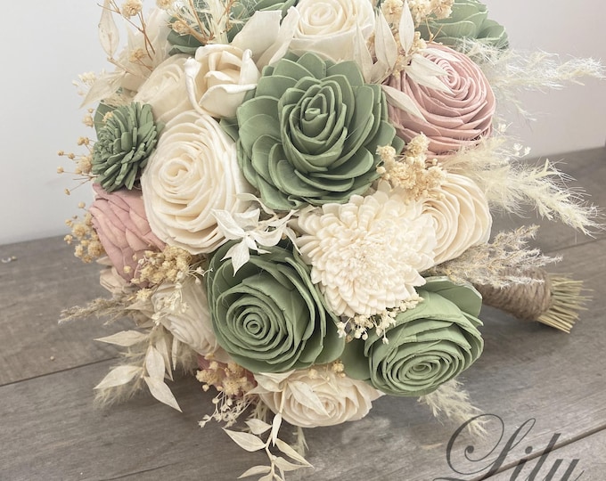 Wedding Bouquet, Bridal Bouquet, Sola Flower, Wedding Flower, Wooden Flower, Pink, Green Sage Eucalyptus Corsage Rustic Boho Lily of Angeles