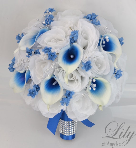 Blue Wedding Flowers Bridal Bouquet Royal Wedding Bouquet Peach Silk Flower Bouquet Lily of Angeles Bridesmaid Bouquet 17 Pcs Navy
