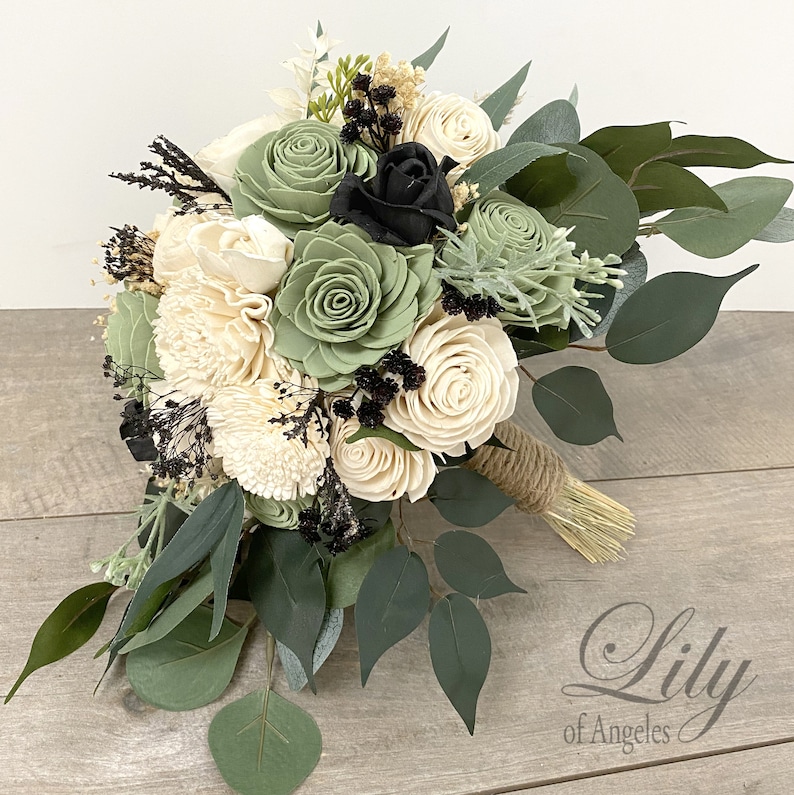 Wedding Bouquet, Bridal Bouquet, Bridesmaid Bouquet, Sola Flower, Wedding Flower, Wooden Flower Sage Black Cream Rustic Boho Lily of Angeles image 5