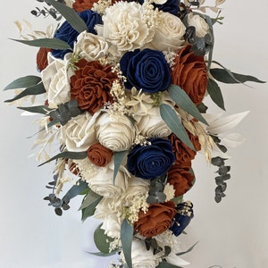 Wedding Bouquet, Cascade Bridal Bouquet, Sola Flower, Wedding Flower, Wooden Flower, Fall, Orange, Rust, Navy, Rustic, Boho, Lily of Angeles