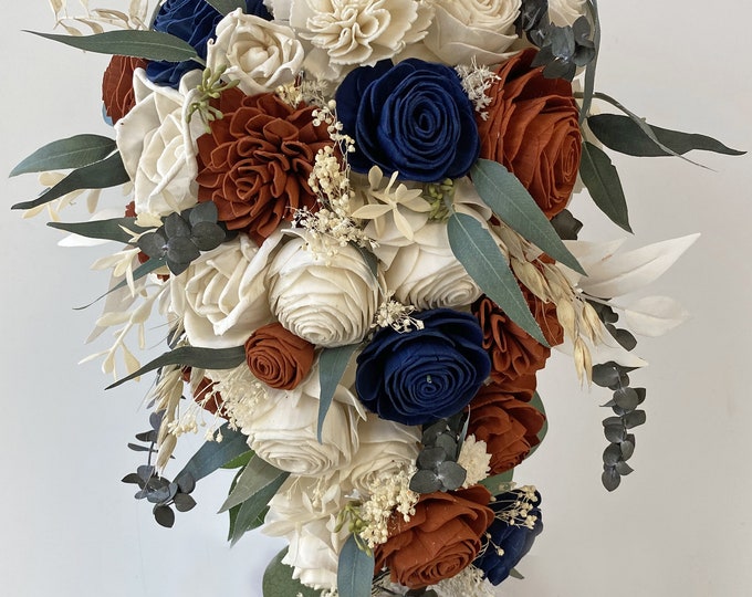 Wedding Bouquet, Cascade Bridal Bouquet, Sola Flower, Wedding Flower, Wooden Flower, Fall, Orange, Rust, Navy, Rustic, Boho, Lily of Angeles