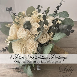 9 Pieces Package, Wedding Bouquet Bridal Bouquet, Sola Flower, Wedding Flower, Wooden Flower, Ivory, Rustic, Boho, Lily of Angeles