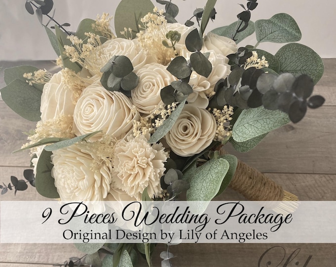 9 Pieces Package, Wedding Bouquet Bridal Bouquet, Sola Flower, Wedding Flower, Wooden Flower, Ivory, Rustic, Boho, Lily of Angeles