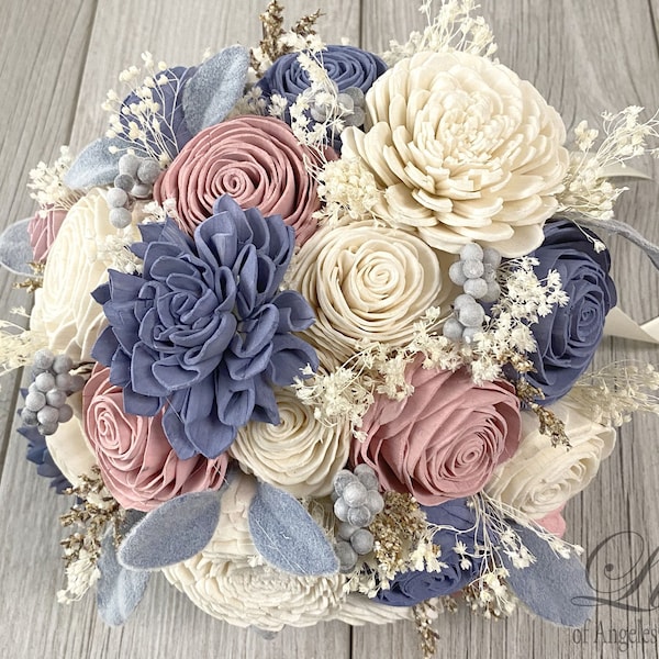 Wedding Bouquet, Bridal Bouquet, Sola Flower, Wedding Flower, Wooden Flower, Dusty Pink, Periwinkle, Ivory, Rustic, Boho, Lily of Angeles