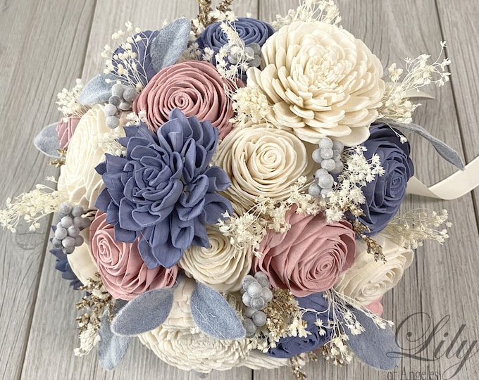 Wedding Bouquet, Bridal Bouquet, Sola Flower, Wedding Flower, Wooden Flower, Dusty Pink, Periwinkle, Ivory, Rustic, Boho, Lily of Angeles