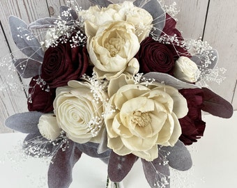 Wedding Bouquet, Bridal Bouquet, Sola Flower, Wedding Flower, Wooden Flower, Burgundy, Ivory, Rustic, Boho, Lily of Angeles