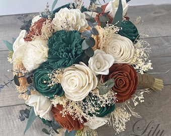 Wedding Bouquet Bridal Bouquet, Sola Flower Wedding Flower, Wooden Flower Terracotta Rust, Emerald green, Blush, Rustic Boho Lily of Angeles