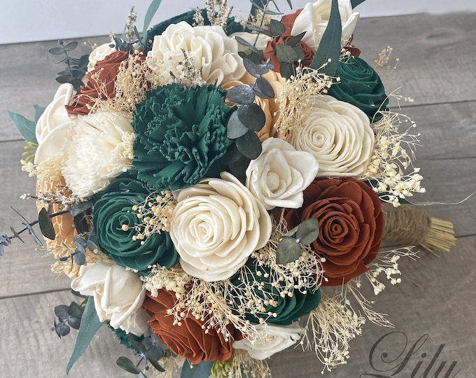 Wedding Bouquet Bridal Bouquet, Sola Flower Wedding Flower, Wooden Flower Terracotta Rust, Emerald green, Blush, Rustic Boho Lily of Angeles