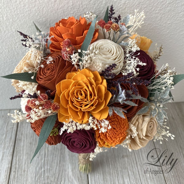 Wedding Bouquet, Bridal Bouquet, Sola Flower, Wedding Flower, Wooden Flower, Fall, Orange, Burnt, Rust, Rustic, Boho, Lily of Angeles