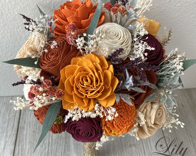 Wedding Bouquet, Bridal Bouquet, Sola Flower, Wedding Flower, Wooden Flower, Fall, Orange, Burnt, Rust, Rustic, Boho, Lily of Angeles