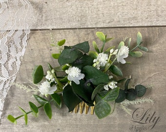 Bridal Hair Comb, Boho Hair Piece, Headpiece, Artificial Flower Comb, Ivory, Eucalyptus, Lily of Angeles
