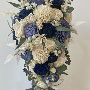 Wedding Bouquet Cascade Bridal Bouquet Sola Flower Boutonniere Wedding Flower Wood Navy Dusty Blue Periwinkle Rustic Boho Lily of Angeles