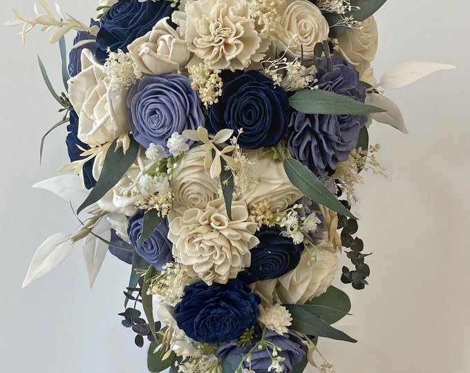 Wedding Bouquet Cascade Bridal Bouquet Sola Flower Boutonniere Wedding Flower Wood Navy Dusty Blue Periwinkle Rustic Boho Lily of Angeles