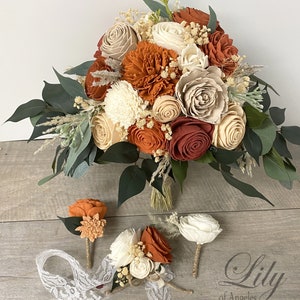 Wedding Bouquet, Bridal Bouquet, Bridesmaid Bouquet, Sola, Wedding Flower, Wooden Flower, Orange, Rust, Cream, Rustic, Boho, Lily of Angeles image 2