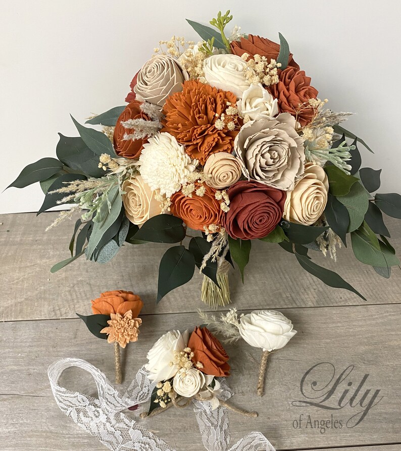 Wedding Bouquet, Bridal Bouquet, Bridesmaid Bouquet, Sola, Wedding Flower, Wooden Flower, Orange, Rust, Cream, Rustic, Boho, Lily of Angeles image 2