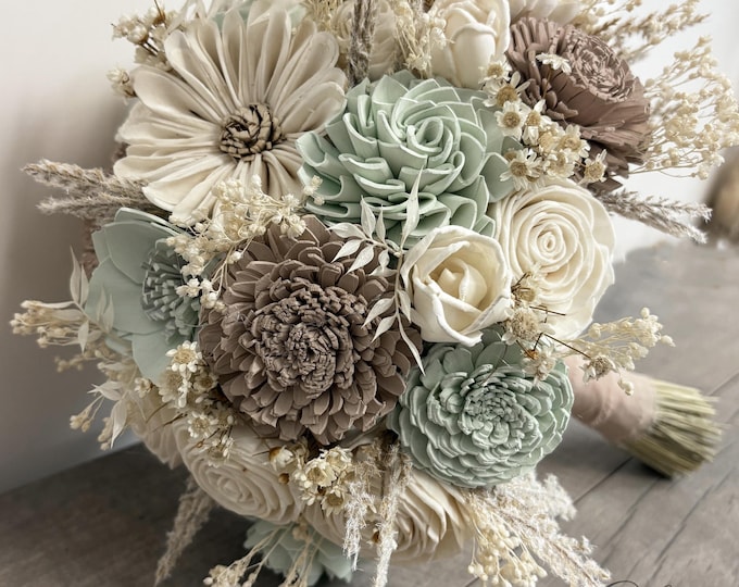 Wedding Bouquet Bridal Bouquet Sola Flower Wedding Flower Wooden Flower Light Green Champagne Eucalyptus Corsage Rustic Lily of Angeles