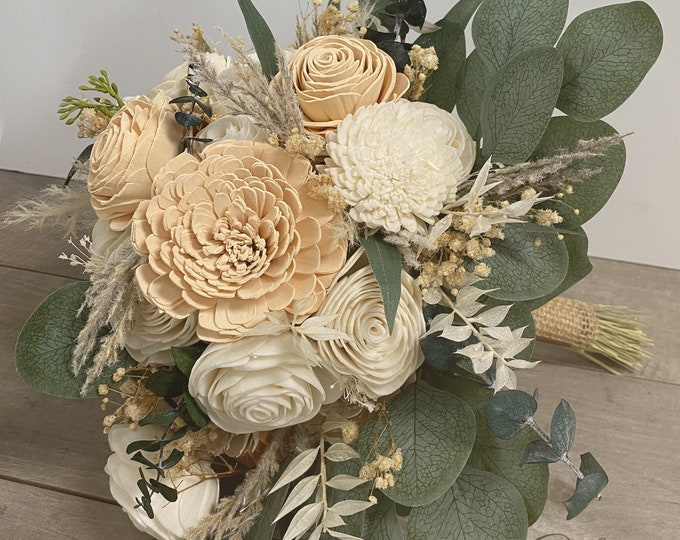 Wedding Bouquet Bridal Bouquet Bridesmaid Bouquet Sola Flower Wedding Flower Wooden Peach Sage Green Cream Rustic Boho Lily of Angeles