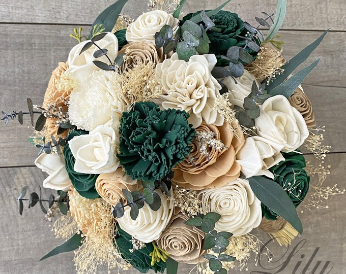 Hunter Green, Wedding Bouquet, Bridal Bouquet, Sola Flower, Wedding Flower, Wooden Flower, Emerald Green, Blush, Rustic, Boho