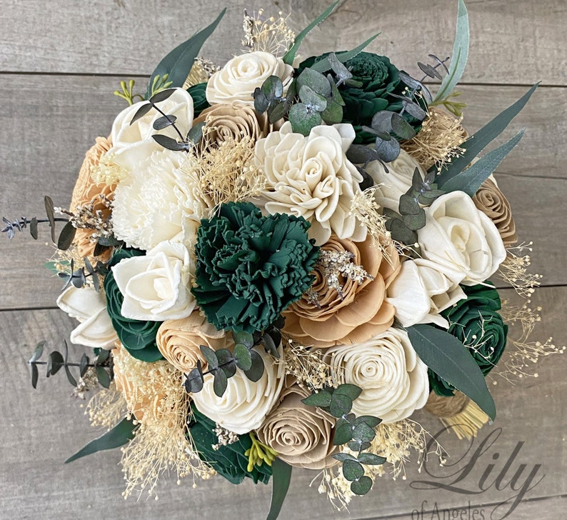 Hunter Green, Wedding Bouquet, Bridal Bouquet, Sola Flower, Wedding Flower, Wooden Flower, Emerald Green, Blush, Rustic, Boho image 1
