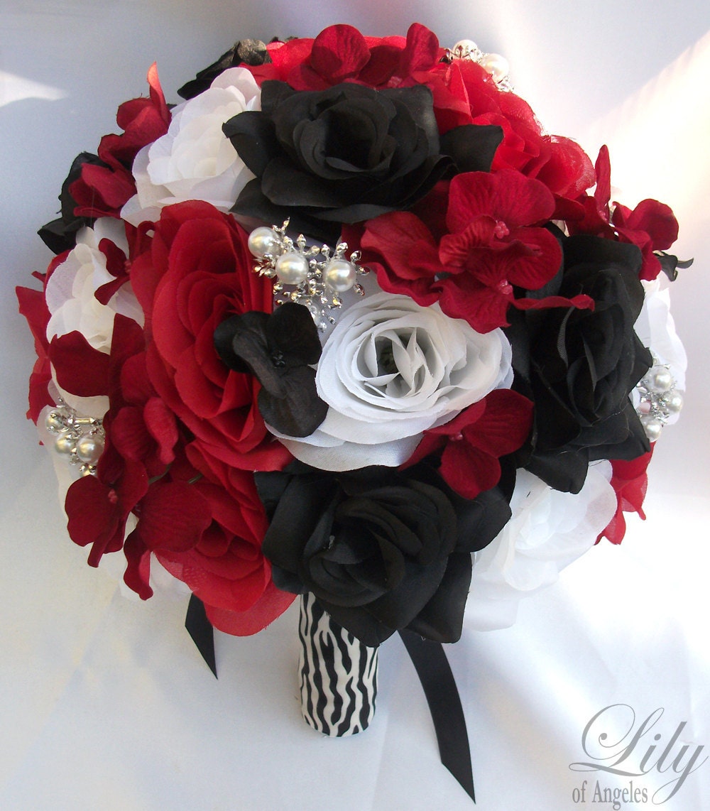 Wedding Bouquet Bridal Bouquet Bridesmaid Bouquet Silk Flower Bouquet Wedding Flowers 17 Piece Set Red Black Zebra Lily Of Angeles