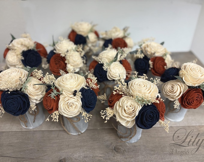 Wedding Centerpiece, Sola Flower, Wedding Flower, Wooden Flower, Cup, Rust, Navy, Eucalyptus, Decoration, Rustic, Boho, Lily of Angeles