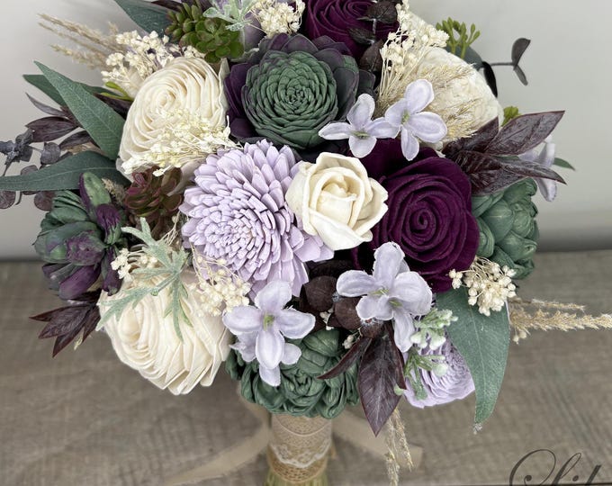 Wedding Bouquet Bridal Bouquet, Sola Flower, Wedding Flower, Wooden Flower, Lavender, Purple, Plum, Succulent, Rustic, Boho, Lily of Angeles