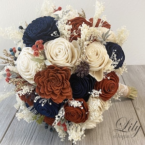 Wedding Bouquet, Bridal Bouquet, Sola Flower, Wedding Flower, Wooden Flower, Fall, Orange, Rust, Navy, Rustic, Boho, Lily of Angeles