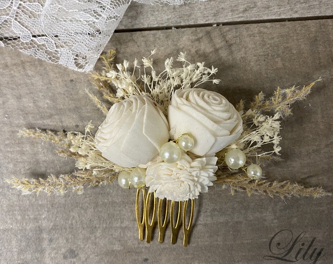 Bridal Hair Comb, Boho Hair Piece, Headpiece, Dried Flower Comb, Ivory, Pearl, Lily of Angeles