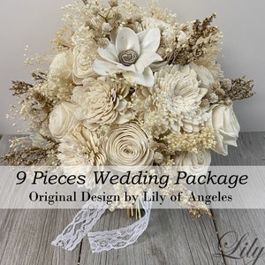 Wedding Bouquet, Bridal Bouquet, 9Pcs Package, Floral, Sola Flower, Wedding Flower Wooden Flower, Ivory Cream, Rustic, Boho, Lily of Angeles
