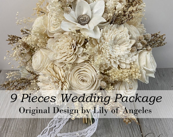 Wedding Bouquet, Bridal Bouquet, 9Pcs Package, Floral, Sola Flower, Wedding Flower Wooden Flower, Ivory Cream, Rustic, Boho, Lily of Angeles