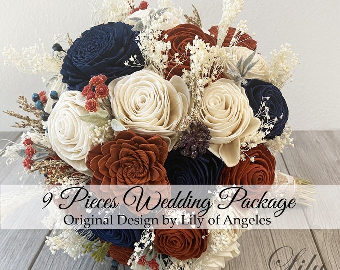 9 Pieces Package, Wedding Bouquet, Bridal Bouquet, Sola, Wedding Flower, Wooden Flower, Orange, Rust, Navy, Rustic, Boho, Lily of Angeles