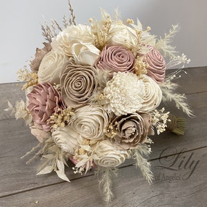 Wedding Bouquet, Bridal Bouquet, Sola Flower, Wedding Flower, Wooden Flower, Dusty Pink Mauve, Champagne, Rustic, Boho, Lily of Angeles image 7