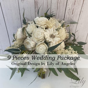 Wedding Bouquet, Bridal Bouquet, 9Pcs Package, Sola Flower, Wedding Flower, Wooden Flower, Ivory, Cream, Rustic, Boho, Lily of Angeles