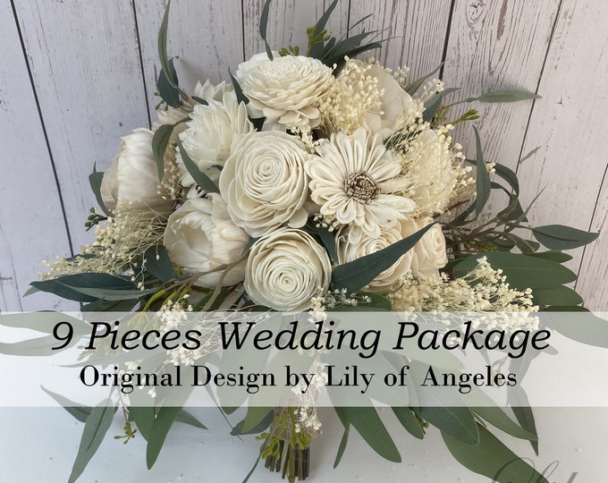 Wedding Bouquet, Bridal Bouquet, 9Pcs Package, Sola Flower, Wedding Flower, Wooden Flower, Ivory, Cream, Rustic, Boho, Lily of Angeles