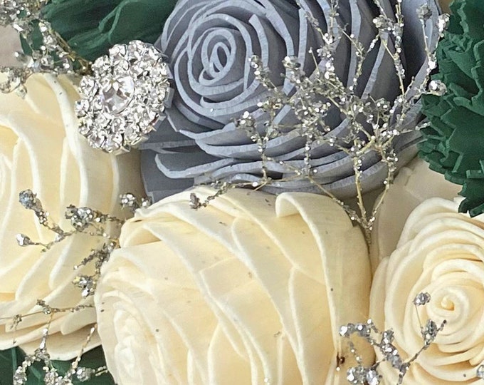 Quinceanera Bouquet, Wedding Bouquet, Sola Flower, Wedding Flower, Wooden Flower, Emerald Green, Silver, Ivory, Butterfly Jewelry, Jewels