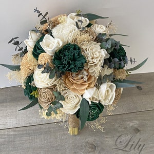 Hunter Green, Wedding Bouquet, Bridal Bouquet, Sola Flower, Wedding Flower, Wooden Flower, Emerald Green, Blush, Rustic, Boho image 2