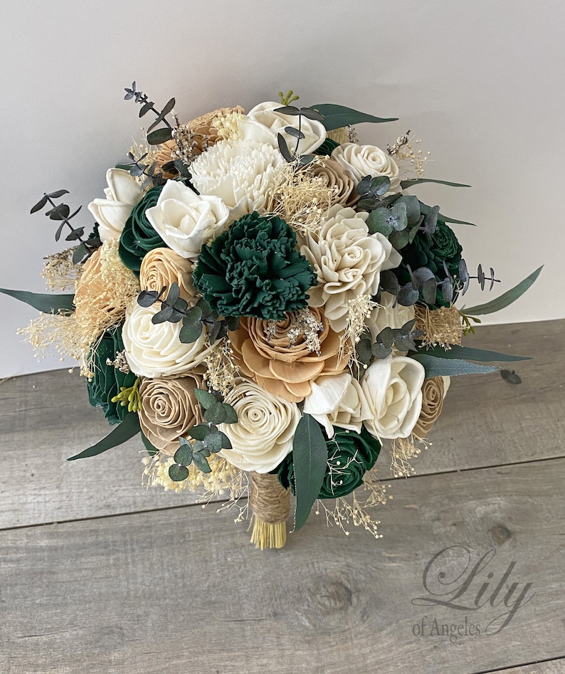 Hunter Green, Wedding Bouquet, Bridal Bouquet, Sola Flower, Wedding Flower, Wooden Flower, Emerald Green, Blush, Rustic, Boho image 2