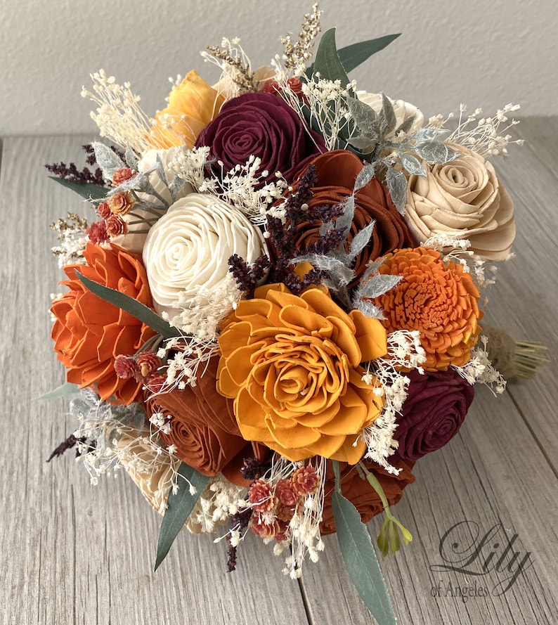 Wedding Bouquet, Bridal Bouquet, Sola Flower, Boutonniere, Wedding Flower, Wooden Flower, Rust, Burnt Orange, Rustic, Boho, Lily of Angeles image 1