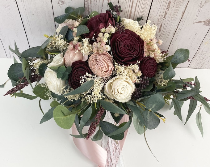 Wedding Bouquet, Bridal Bouquet, Bridesmaid Bouquet, Sola Flower, Wedding Flower, Wooden Flower, Dusty pink, Burgundy Rustic Lily of Angeles