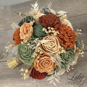 Wedding Bouquet, Bridal Bouquet, Sola Flower, Wedding Flower, Wooden Flower, Rust, Orange, Burnt, Sage, Eucalyptus, Corsage, Rustic, Boho