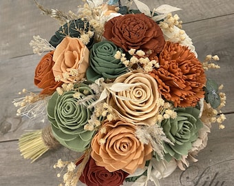 Ramo de boda, Ramo de novia, Flor sola, Flor de boda, Flor de madera, Óxido, Naranja, Quemado, Salvia, Eucalipto, Corsage, Rústico, Boho