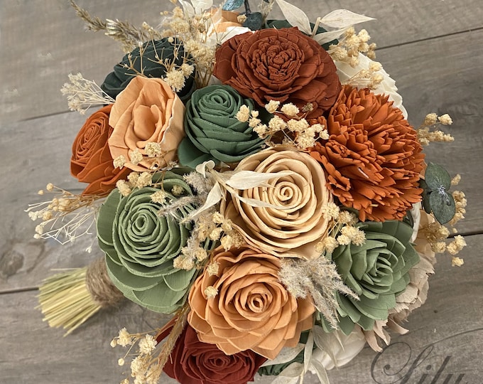 Wedding Bouquet, Bridal Bouquet, Sola Flower, Wedding Flower, Wooden Flower, Rust, Orange, Burnt, Sage, Eucalyptus, Corsage, Rustic, Boho