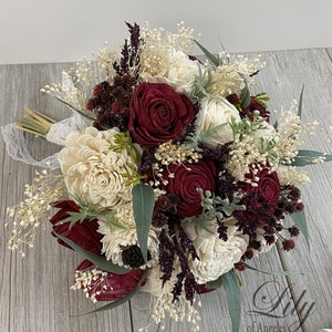 Wedding Bouquet, Bridal Bouquet, Sola Flower, Wedding Flower, Wooden Flower, Burgundy, Ivory, Rustic, Boho, Lily of Angeles